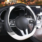 14 inch Cute D Shaped Steering Wheel Cover for Women Men Faux Leather and Carbon Fiber,Black and White