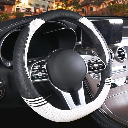 14 inch Cute D Shaped Steering Wheel Cover for Women Men Faux Leather and Carbon Fiber,Black and White