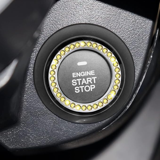 Bling Car Engine Start Ring Decals, 2PCS Crystal Rhinestone Vehicle Push Start Button Cover Sticker, Key Ignition Knob Ring, Sparkling Automotive Interior Accessories (Yellow)