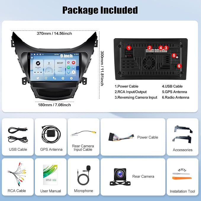 4G+64G Car Radio for Hyundai Elantra 2011 2012 2013 Android 13 Replacement Upgrade Stereo with CarPlay Android Auto 9 Inch Touch Screen Head Unit with Backup Camera Mic