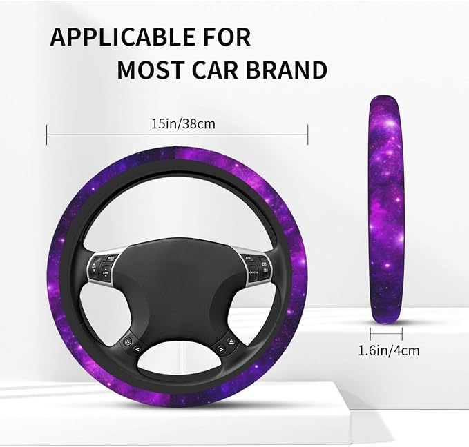 Purple Galaxy Steering Wheel Cover + Purple Starry Sky 2pc Car Coasters | Breathable Universal for 15 Inch Anti-Slip Car Suitable for Men Women Galaxys