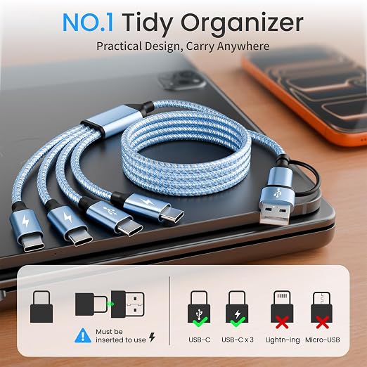 USB C Splitter Multi Charging Cable,USB A/C to USB C Charging Cord,USB C to USB C Cable,4 in 2 Multi Charger Cord with 4 Type-C Connectors Compatible with iPhone16/15/Cell Phones Tablets,Blue
