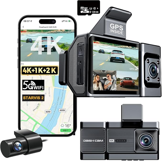 3 Channel Dash Cam, 4K+1080P+1440P Front Inside and Rear Car Camera, Free 128G Card, Triple Dash Camera Built-in WiFi GPS, HDR Night Vision, G Sensor, 170° Wide Angle, 24H Parking Mode