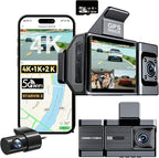 3 Channel Dash Cam, 4K+1080P+1440P Front Inside and Rear Car Camera, Free 128G Card, Triple Dash Camera Built-in WiFi GPS, HDR Night Vision, G Sensor, 170° Wide Angle, 24H Parking Mode