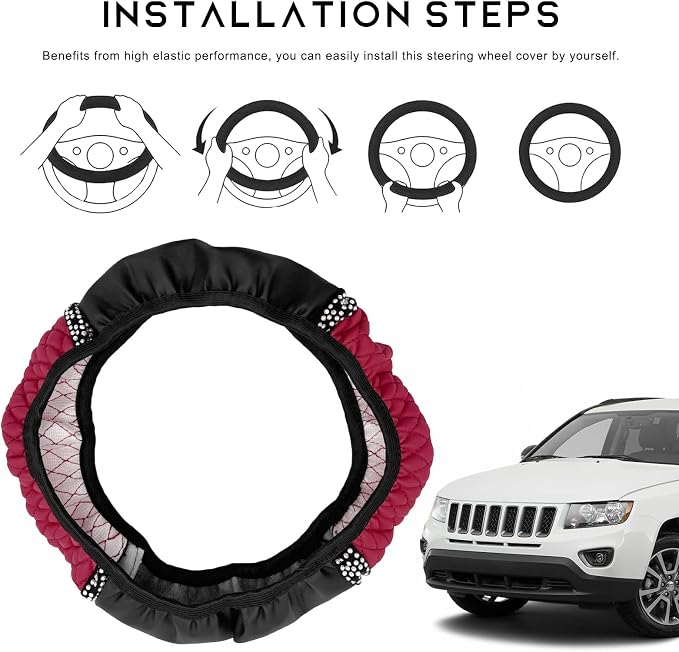 Bling Car Steering Wheel Cover, 15 Inch Sparkly Rhinestone Soft Leather Steering Wheel Protector, Non-Slip Universal Auto Elastic Steering Wheel Covers for Women Girls (Wine Red)