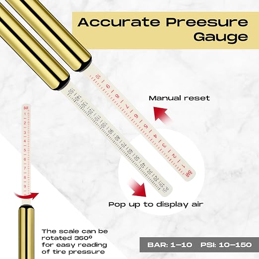 10 Pack Tire Pressure Gauge Heavy Duty Air Pressure Tire Gauge Dual Head Semi Truck Tire Pressure Gauge Range 10-150 PSI, Extended Tube Tire Gauge Suitable for Semi Truck, and Bus (Gold)