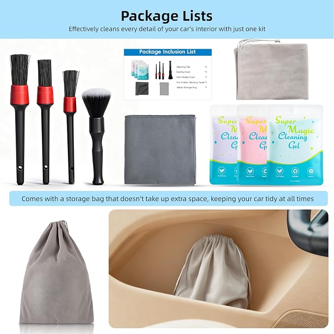 9Pcs Car Interior Detailing Kit - Car Cleaning Brushes, Universal Gel, Microfiber Towel and Storage Bag for Dashboard, Air Vents, Keyboard & Electronics