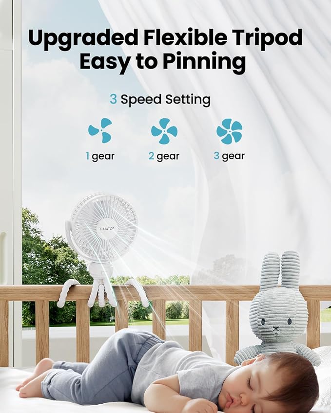 Mini Portable Stroller Fan, Battery Operated Small Clip on, Detachable 3 Speed Rechargeable, 360° Rotate Flexible Tripod Better Cooling for Car Seat Crib Treadmill Travel White