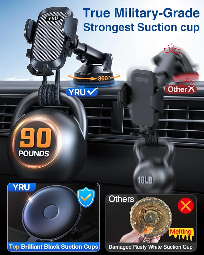 YRU True Military-Grade Shock Mounting Kits [360° Rotation Suction] 2026 Ultimate Car Phone Holder Mount【90+LBS Safest Strongest & Patent Certs】 Dash Windshield for iPhone 17 16 Pro Max, Gloss Black