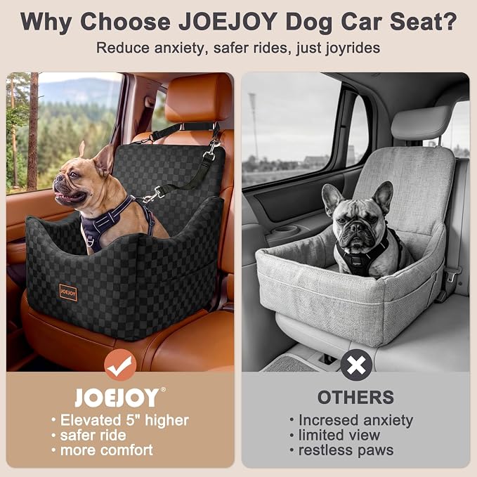 Elevated Dog Car Seat for Small/Medium Dogs up to 35 lbs, Memory Foam Booster Seat with Detachable Washable Cover, Travel-Safe Car Bed with Safety Belts & Storage Pockets, Black