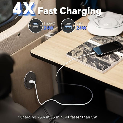 12V USB Outlet All-Aluminum QC 3.0 USB-A & USB-C PD3.0 Dual High-Speed Charger Socket, Recessed Mount Type-A Type-C Port for Camper Van Trailer RV Boat Truck (Big Version)