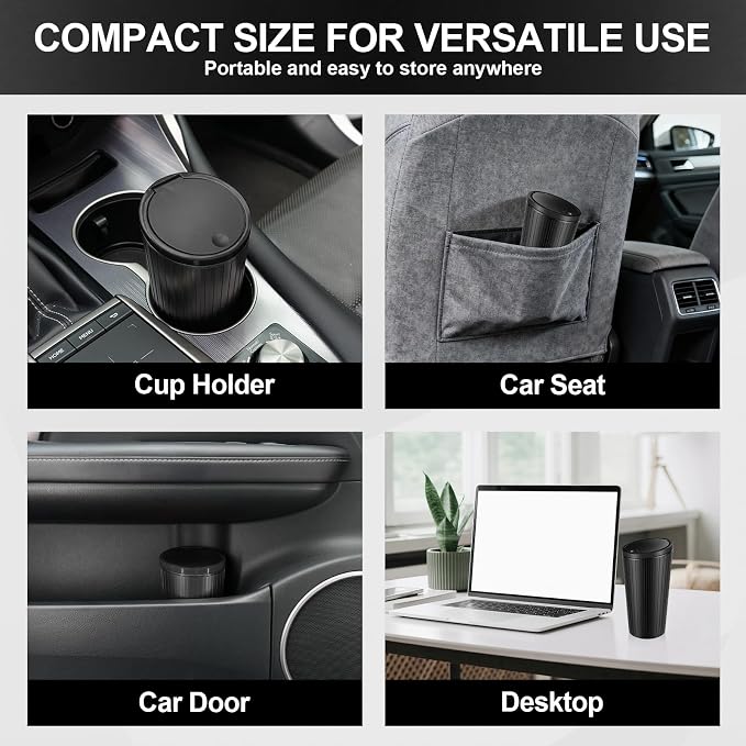 Car Trash Can with Lid, Leakproof Mini Garbage Bin for Car Cup Holder, Small Trash Can for Vehicle, Home & Office - Includes 30 Bags, Easy Clean (Black)