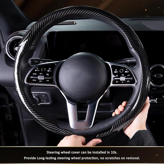 Car Steering Wheel Cover Carbon Fiber, Ultra-Thin Car Steering Wheel Cover,Comfortable & Breathable Microfiber,Universal Fit for Most Cars, Bright Black