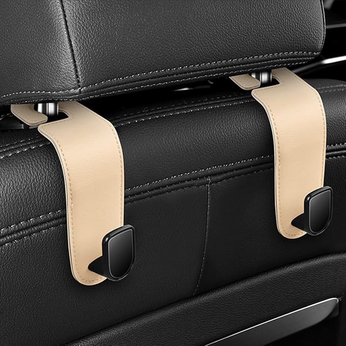 Car Seat Headrest Hook, 2PCS Vehicle Seat Back Hangers Organizer for Handbag Purse Coat, Automotive Interior Headrest Storage Hooks, Universal for SUV Automobile Truck (Beige)