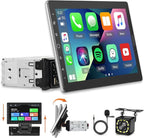 10.1 inch Single Din Car Stereo with CarPlay and Android Auto, 10 inch Touch Screen Radio with Mirror Link/1080P/EQ Audio/SWC/Bluetooth +Backup Camera+MIC