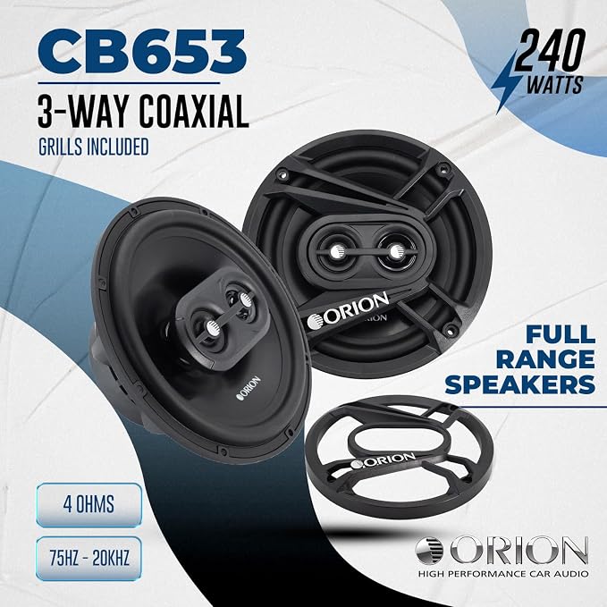 ORION Cobalt Series CB653 6.5” 3-Way Coaxial Car Speakers, 240W, 4 Ohms, Full Range, Enhanced Bass, Polypropylene Cone & Butyl Rubber Surround, Easy Install (Pair)