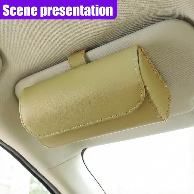 Sunglasses Holder for Car Sun Visor, Leather Car Sunglass Holder with Hidden Magnetic Closure, Clip On Glasses Case, Universal Storage Box Organizer Accessories (Beige)