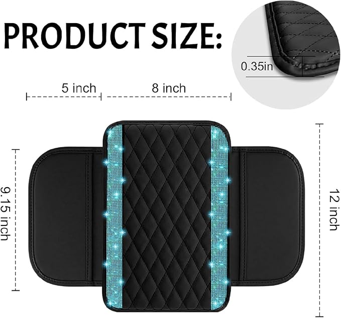 Bling Car Center Console Cover, Leather Car Arm Rest Cover Cushion with 2 Storage Bags, Universal Auto Armrest Protector Storage Box, Bling Accessories Interior for Most Vehicles (Aquamarine)