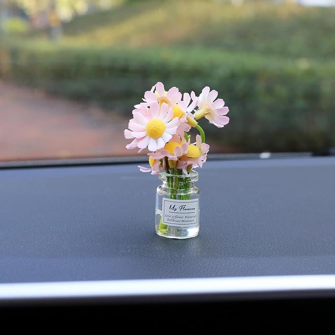 Daisy Flower Car Accessories for Women Interior Aesthetic, 3 Pcs Daisy Cute Car Dashboard Decorations