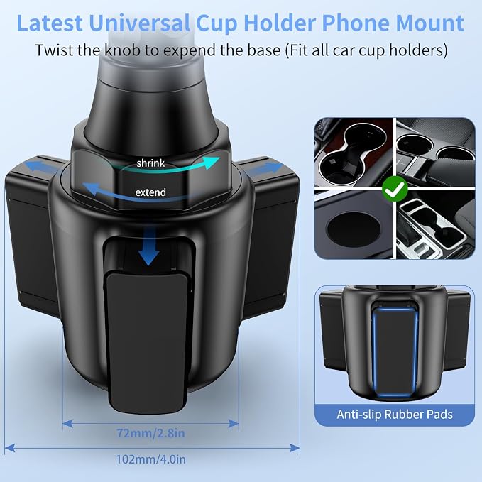 Cup Phone Mount for Car, [Upgraded Version] Universal Cup Phone Cradle Holder with Long and Adjustable Neck, Friendly Compatible with Cell Phone iPhone, Samsung, Google and All Smartphones