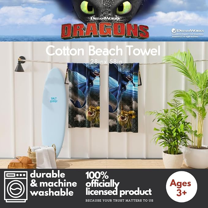 How to Train Your Dragon Toothless Kids Super Soft Cotton Bath/Pool/Beach Towel, 58 in x 28 in, (Offically Licensed Product) by