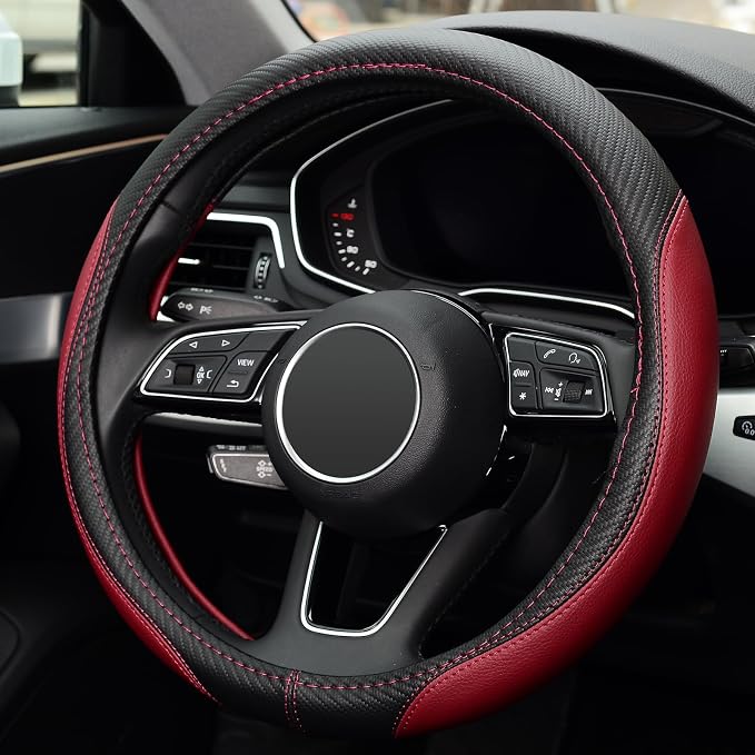 Microfiber Leather Auto Car Steering Wheel Cover, Universal 15 Inch Anti-Slip Wheel Protector, Claret