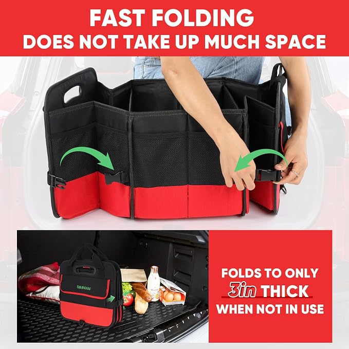 Large Trunk Organizer for Car, Foldable Multi Compartment Car Trunk Organizer with 2 Retractable Straps, Suitable for All Kinds of Cars, SUV, Minivan - 4 Compartments Red