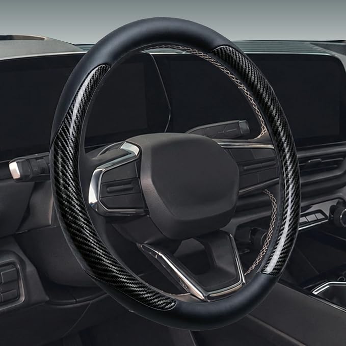 Leather Steering Wheel Cover for Chevy Silverado 1500 2500 3500, 14.5-15 inches Car Steering Wheel Cover with Non-Slip Breathable (Carbon Black)