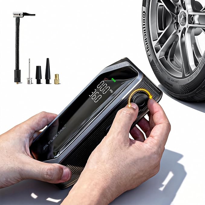 Portable Tire Inflator, Rechargeable Electric Air Pump with Knob Pressure Control, Cordless Air Compressor for Car Tires, Bike, Balls, Digital Pressure Gauge, Auto Shut-Off.