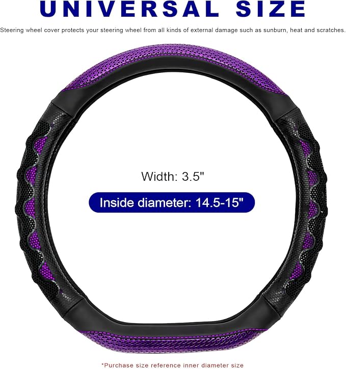 D-Shaped Steering Wheel Cover, Leather Car Wheel Protector with 3D Honeycomb Anti-Slip Design, Universal Breathable Comfy Cover Fits 14.5-15 Inch Steering Wheels, Car Accessories (Purple)