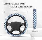Blue Checkered Steering Wheel Cover for Women, Universal Auto Steering Wheel 14-15 Inch Car Interior Accessories with 2PCS Car Coasters, Suitable for Men and Women