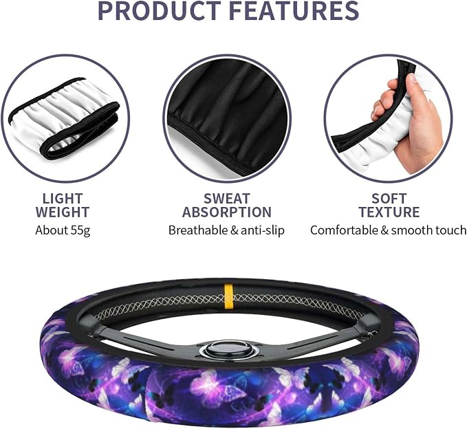 Butterfly Purple Steering Wheel Cover - Purple Butterfly Steering Wheel Cover Anti-Slip Breathable 15 Inch Universal 2 Pcs Car Interior Cup Holder Pad for Men Women