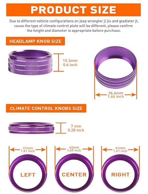 Climate Control Panel Knob Trim Kit & Light Control Switch Cover, Air Conditioner Knob Aluminum Alloy Ring for 2018-2024 Jeep Wrangler JL JLU & Gladiator JT, Interior Accessories, Purple