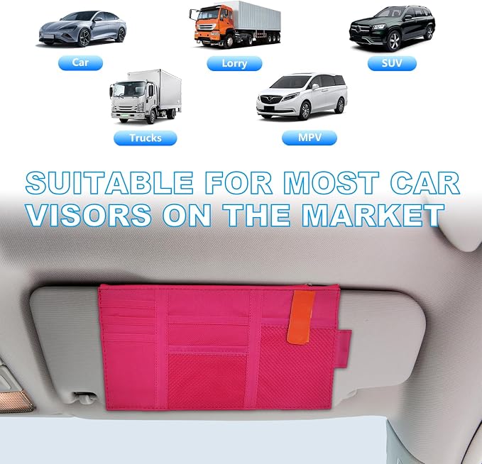 Car Sun Visor Organizer, Auto Interior Visor Storage Pouch Holder with Zipper, Multi-Pocket Net Personal Belonging Organizer, Universal Car Accessory for Cards, Documents (Rose Red)