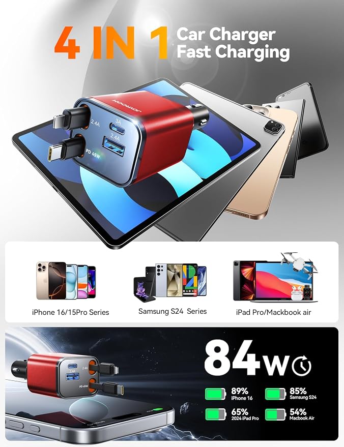 [2026 Ultra-Compact] Retractable Car Charger 84W Car Charger USB C for iPhone 16 17 Fast Charging, Car Accessories, Car Adapter Travel Essentials Gifts for Women Men, for iPhone 17 16 15 14 13
