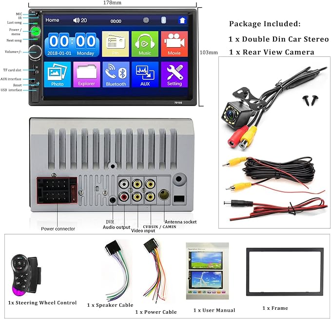 Car Stereo Double Din Bluetooth Car Radio 7 Inch MP5 Player HD Touch Screen FM Radio Audio Receiver AUX in USB TF Card Input Multimedia Player Mirror Link with Backup Camera
