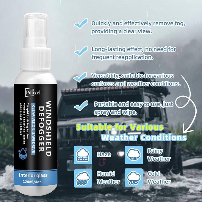 Anti Fog Spray for Car Windshield Inside & Windows - Long Lasting Window Defogger for Mirrors, Glasses, Bathroom Glass & Plexiglass Instant Fog Prevention & Protection - 120ML/4OZ