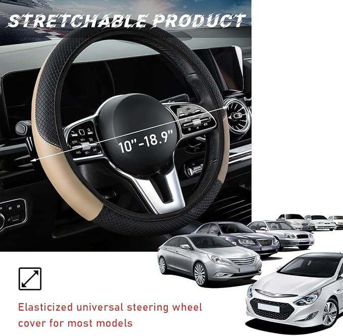 Car Steering Wheel Cover, 15 Inch Leather Breathable Auto Steering Wheel Protector, Comfortable Non-Slip Vehicle Steering Wheel Covers, Universal Interior Car Accessories (Beige, AD)