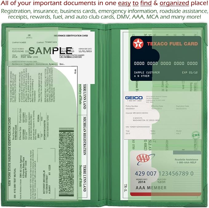 Registration and Insurance Card Holder - Car Organizer - Green | Vehicle Glove Box Document Organizer, Auto Essential Paperwork Holder for Contact Information Cards, Interior Car Accessories
