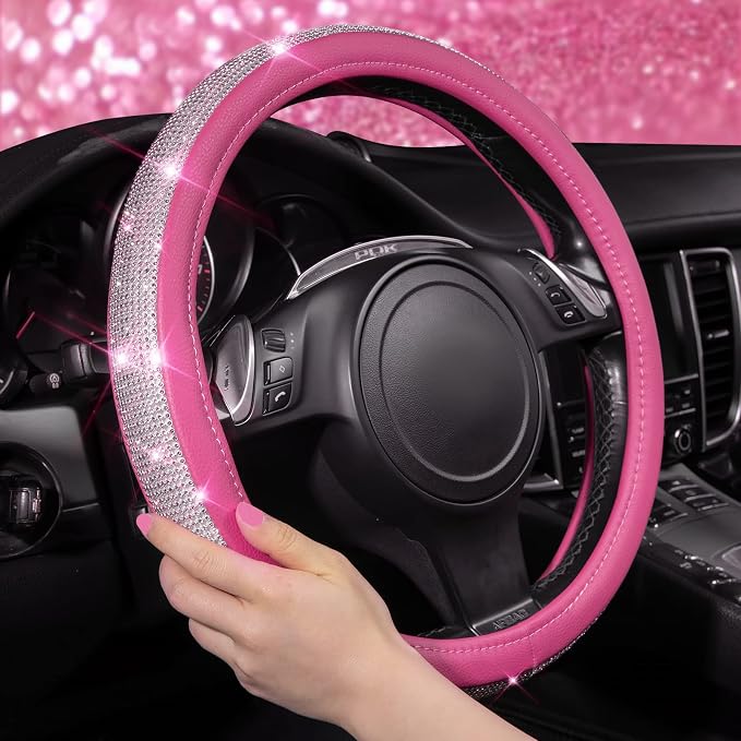 Diamond Pink Leather Steering Wheel Cover, with Bling Crystal Rhinestones Universal Fit 14" 1/2-15" Crystal Glitter for Women Sparkle Girl Fit Suvs,Vans,Sedans,Cars,Trucks, Pink Diamond