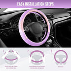 Steering Wheel Cover, Pink Patterned & Light Purple Leather Patchwork Design, Universal Fit 14.5"–15.5", Anti-Slip, Soft PU Grain Leather, Durable Grip Car Accessory for Girls & Women