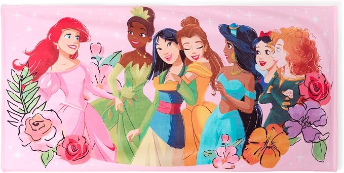 Store Official Princess Beach Towel with Screen Art on Topside - Measures 29" x 58" - Soft & Absorbent for Pool or Beach - Bath Towels for Kids Who Love Princesses