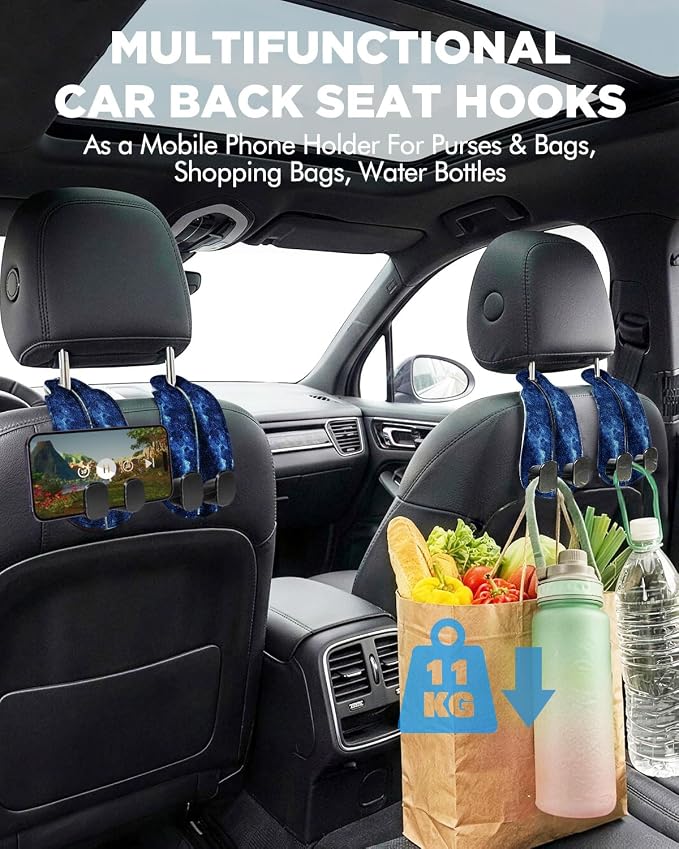 Purse Holder for Car, 2 Pack Heavy Duty Purse Hanger for Car, PU Leather Car Seat Hooks for Purses and Bags, Cute Starry Sky Headrest Organizer for Handbags & Backpacks