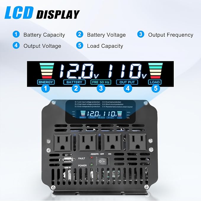 3000 Watt Power Inverter 12V to 110V 120V for Vehicle, Solar Inverter System, Heavy Duty, RV, Truck, Off Grid,Camping with 4 AC Outlets, LCD Display, Wireless Remote Control, Car Power Inverter