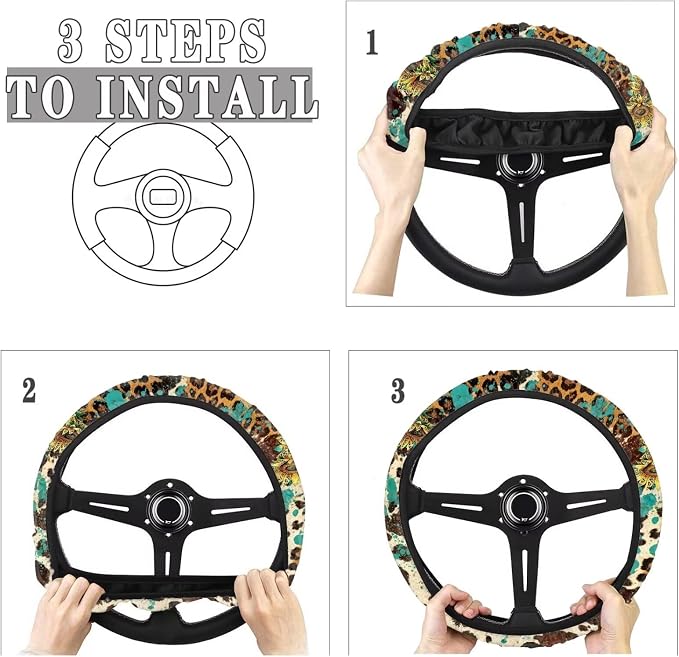 Universal Steering Wheel Cover with Elastic Edge for Women 14-15 in | Leopard Print Sunflower, Breathable Steering Wheel Protector for Cars Interior Accessories