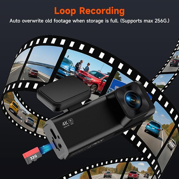 Dash Cam Front and Rear, 4K+1080P Dual Channel Dash Camera for Cars with Night Vision, Mini Car Camera with 1.97” IPS Screen, G-Sensor, 24H Parking Mode, Loop Recording 32GB Card Included