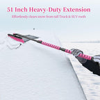 51 Inch Snow Brush for Trucks, Extendable Long Handle Ice Scraper with Brush with Foam Grip, SUV Heavy Duty Snow Brush with Ice Scraper for Car Auto RV Vehicle Windshield Window - Pink