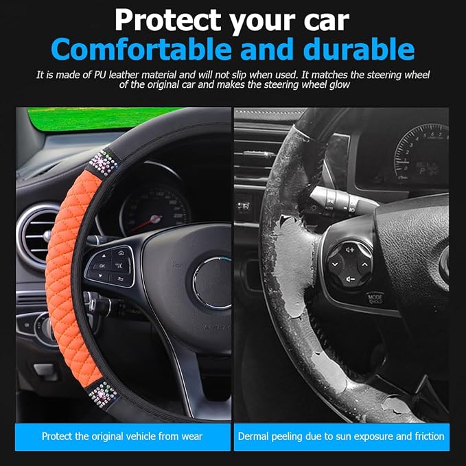 Bling Car Steering Wheel Cover, 15 Inch Rhinestones Soft Leather Elastic Steering Wheel Protector, Sparkly Crystal Diamond for Women Girls (Orange)