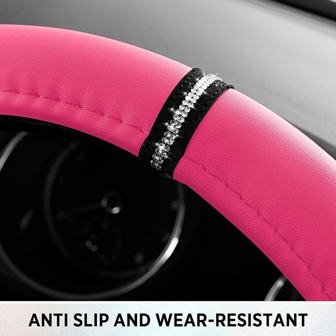 Leopard Steering Wheel Cover for Women, Cute Anti-Slip Microfiber Leather, Fits D Shape Flat Bottom Steering Wheel 14.5-15 Inch - HotPink
