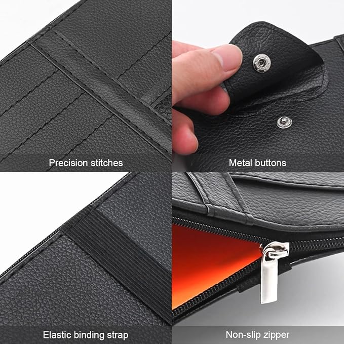 Car Sun Visor Organizer, Leather Storage Pocket Sun Visor Pouch with Zipper for Cards License Registration Pen Glasses Document, Fits Most Car SUV, Auto Interior Accessories for Men Women (Red)